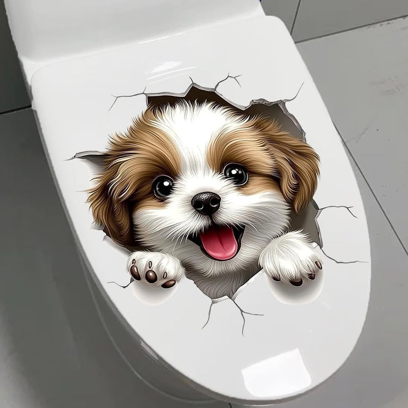 Iprokiu Cute Animal Toilet Sticker Waterproof 3D Funny Dog Cracking Toilet Seat Lid Decal Bathroom Wall Sticker Squirrel Toilet Lid Decal Home Decoration (Dog) - Image 2